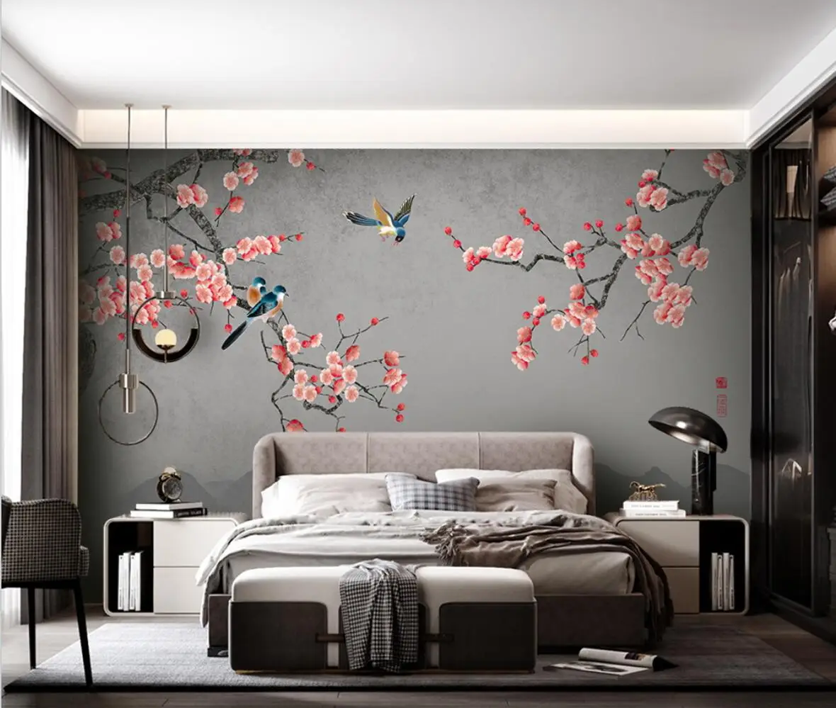 Op maat gemaakte fotobehang voor de woonkamer Bloemen- en vogelpruimenbehang 3D-behang papel de pared home decor