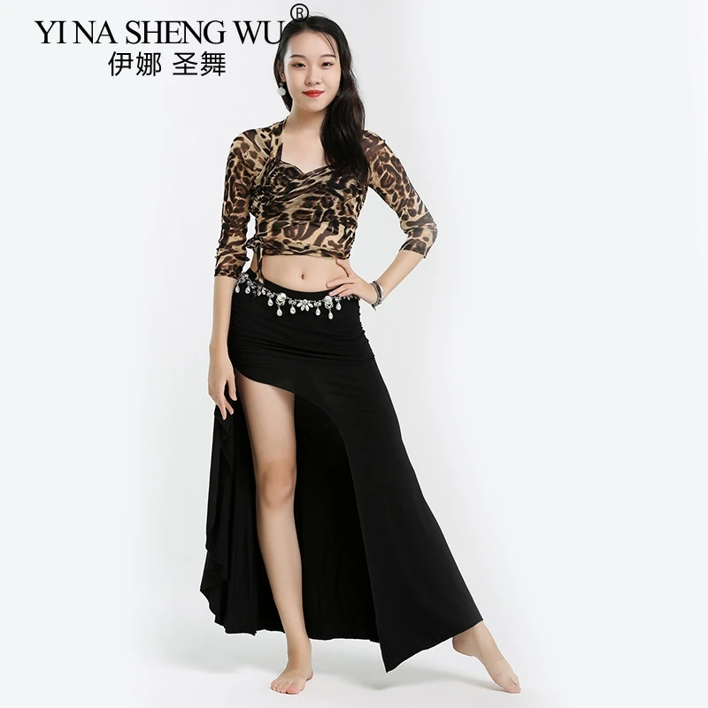 Women Oriental Practice Wear Professional Oriental Dance Belly Dance Costume Leopard Top Split Long Skirt Suit Outfit Clothes