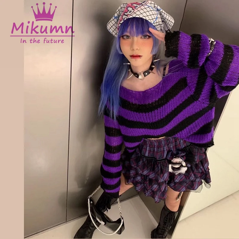 Punk Gothic Rock Dark Red Pink Purple Gray Green Striped Short Sweater Women Girl Streetwear Y2k Top