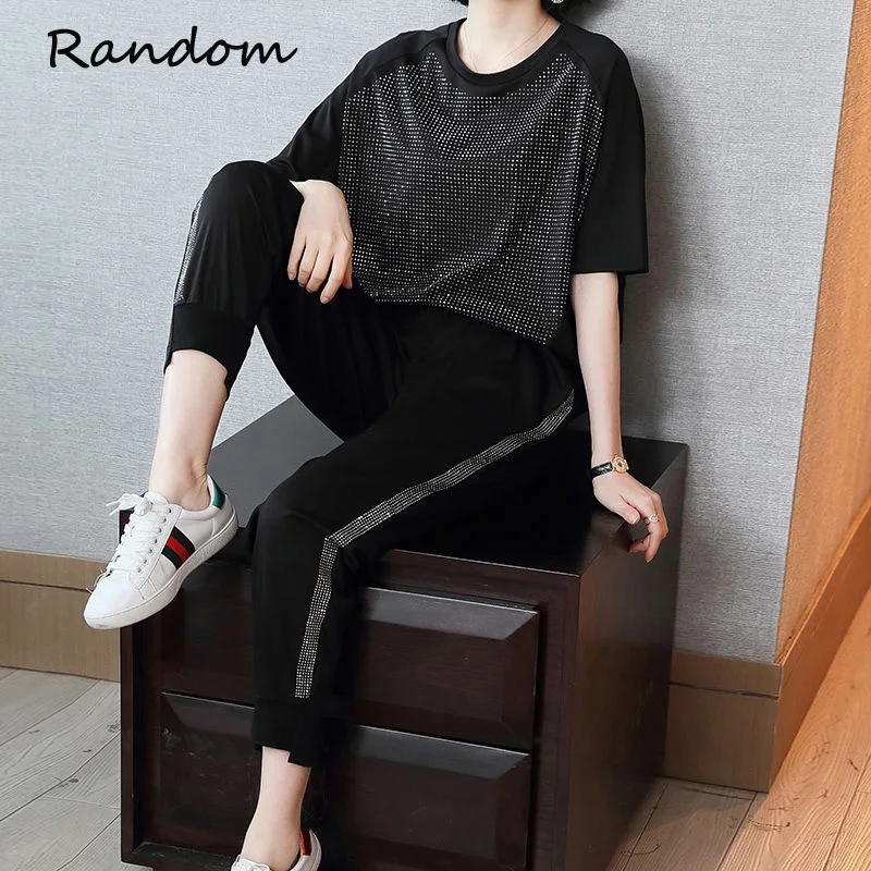 Large 5XL Women Clothing Set Rhinestone Tracksuit Sequin T Shirt Top And Pant Two Piece Trouser Suit Summer Sport Trendy Outfit