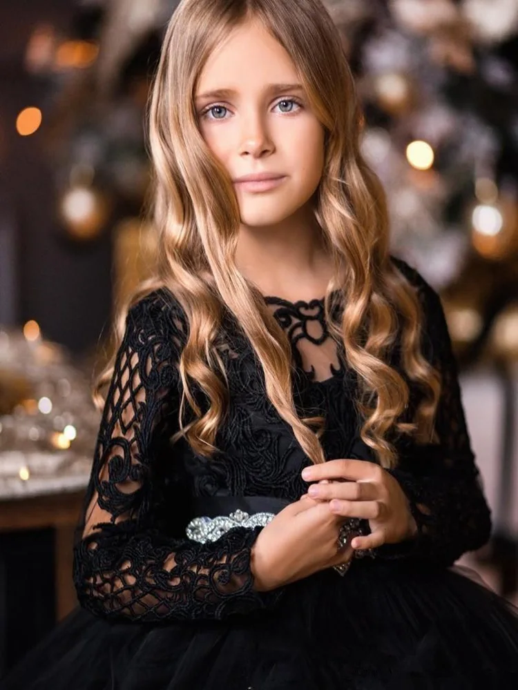 Elegante vestido negro de flores para niña, vestido de fiesta de tul de manga larga, vestidos de primera comunión de tul para niña pequeña