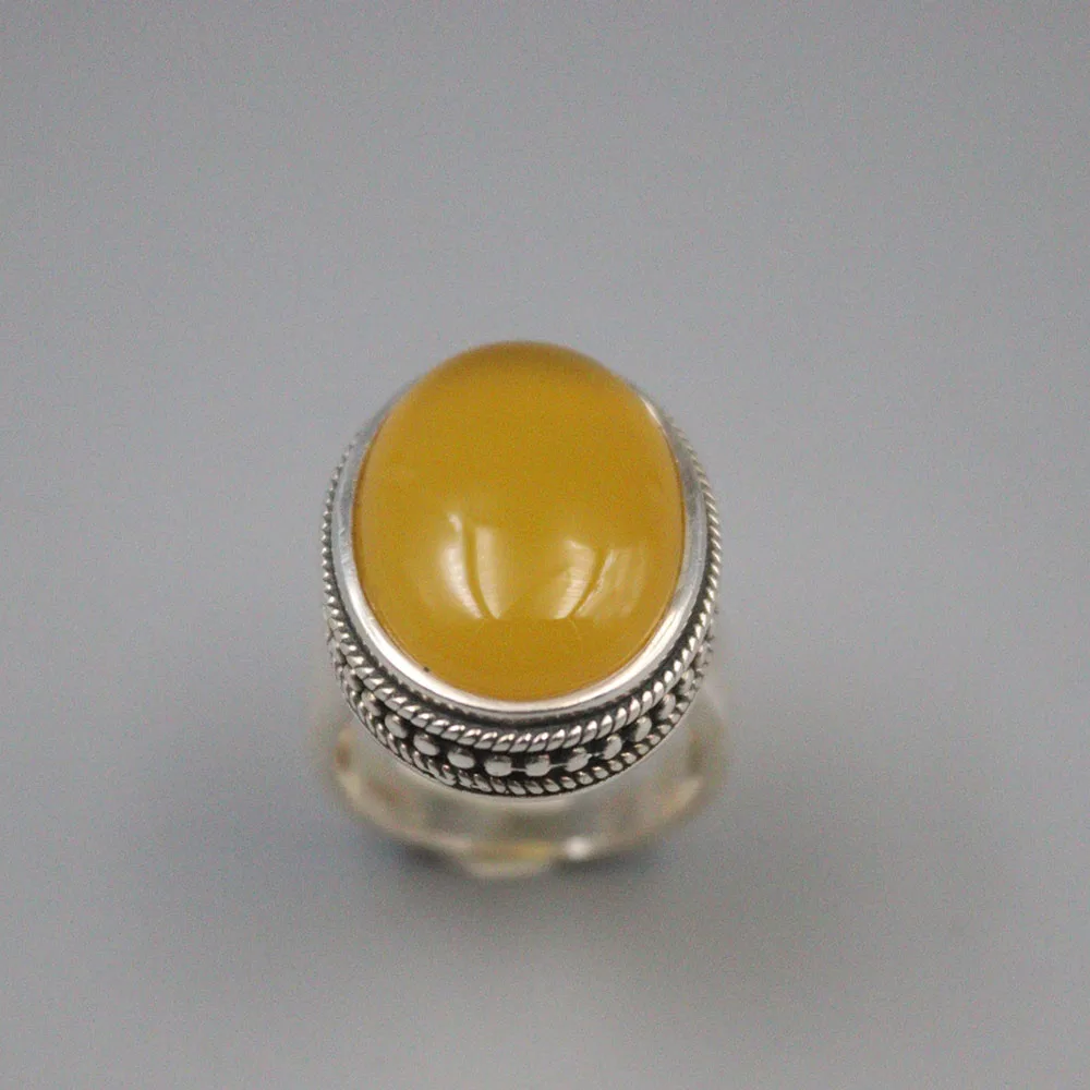 

New Solid Pure S925 Sterling Silver Yellow Chalcedony Band Women Ellipse Figure Ring 23mm US6-US8