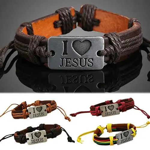 Unisex I LOVE JESUS Faux Leather Bangle Hemp Rope Chain Adjustable Bracelet