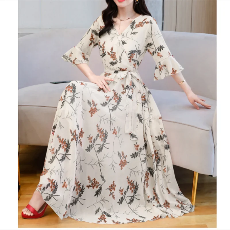 

Printed Chiffon Women's Temperament Large Size Short-sleeved Floral Dress New Summer V-neck Slim Party Dresses Vestidos