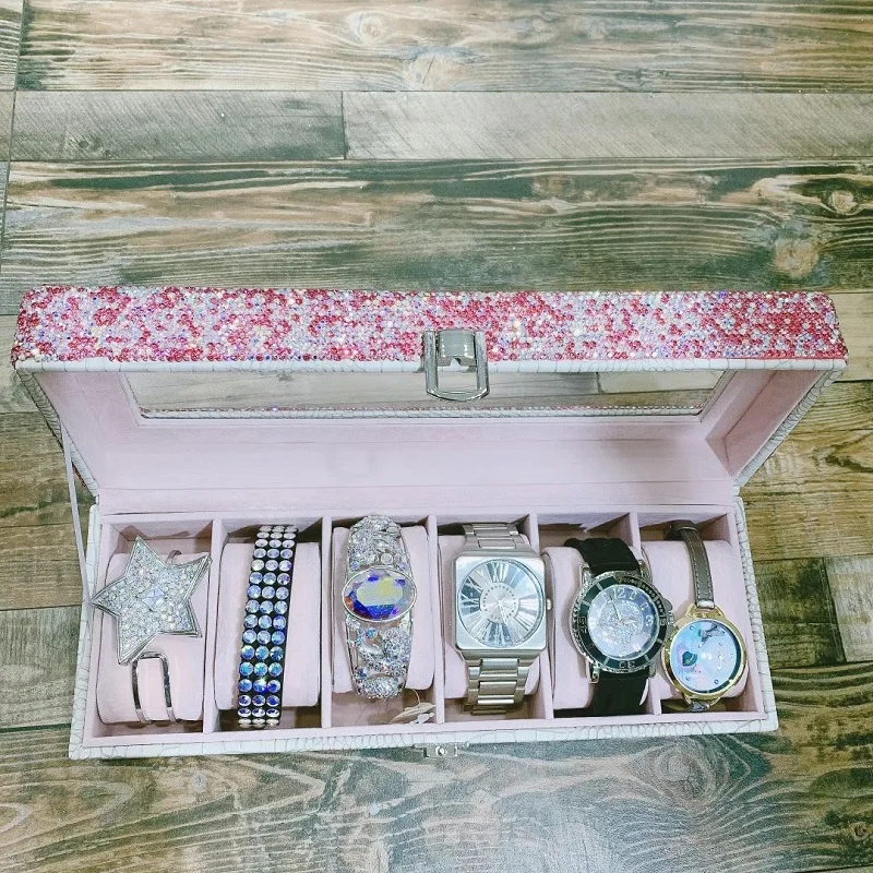 

PU Leather Watch Case for Women, 6 Grids Organizer, Storage Box for Quartz Watches, Jewelry Boxes, Display with Rhinestones