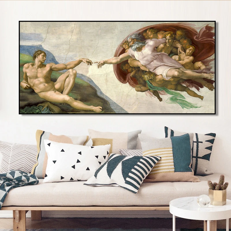 Sistine Chapel Ceiling Fresco of Michelangelo, Creation of Adam Poster Print on Canvas Wall Art Picture for Living Room Decor