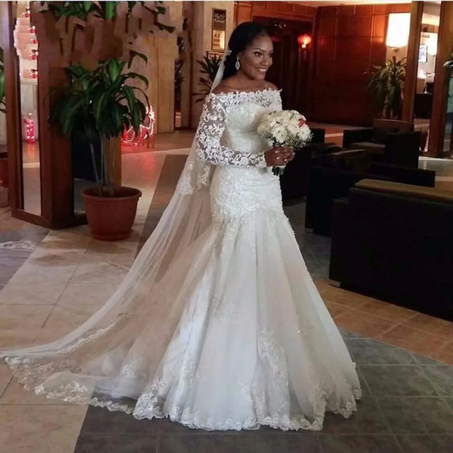 

African New 2020 mermaid Wedding Dress Long Sleeve Emboridry with Beading Court Train White Color Vintage Wedding Gown