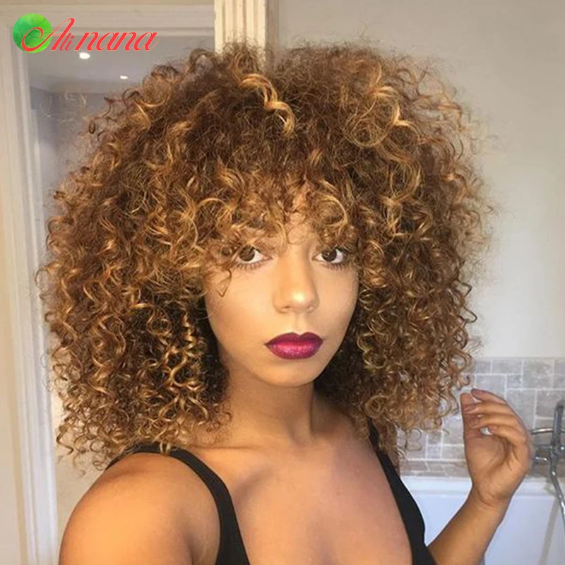 Brazilian Bouncy Curly Scarf Wig Ginger/Brown/ Blonde Color Full Machine Wig With Bangs Curly Style100% Human Hair Wig For Women