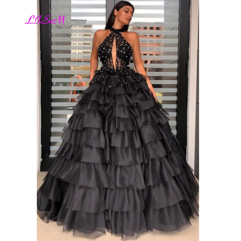 Vestido de baile negro para quinceañera, vestidos Halter con cuentas de cristales, tul hinchado, dulce 16, 15 años, 2021