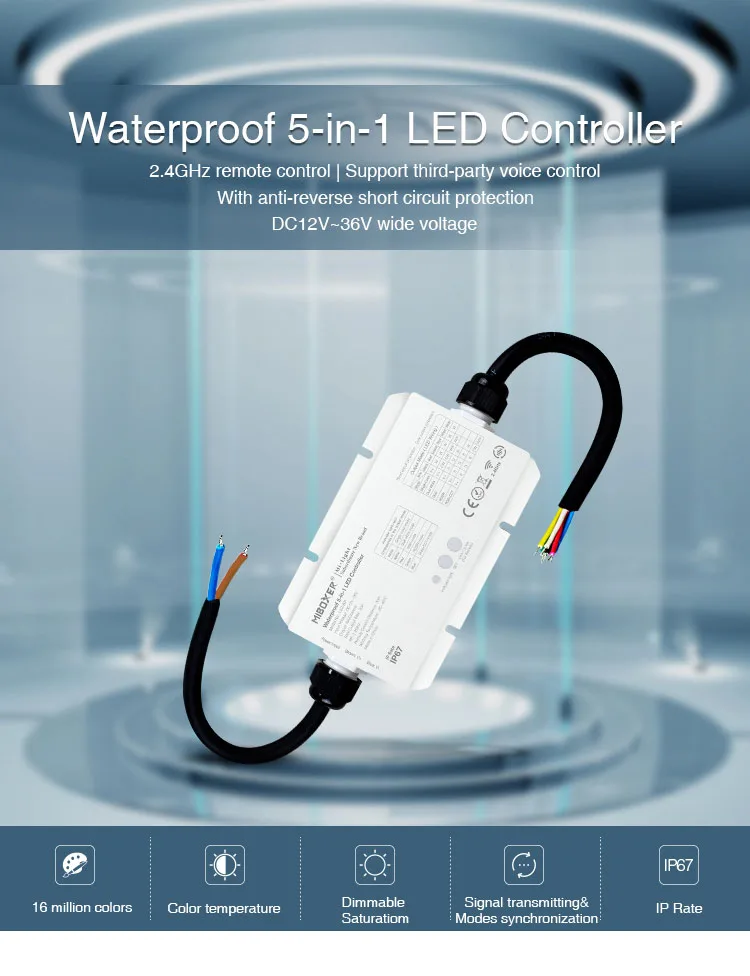 

MiBoxer LS2-WP Waterproof 5-in-1 LED Controller DC12V 24V 36V Max 20a for single color /CT/RGB/RGBW/RGB+CCT led strip