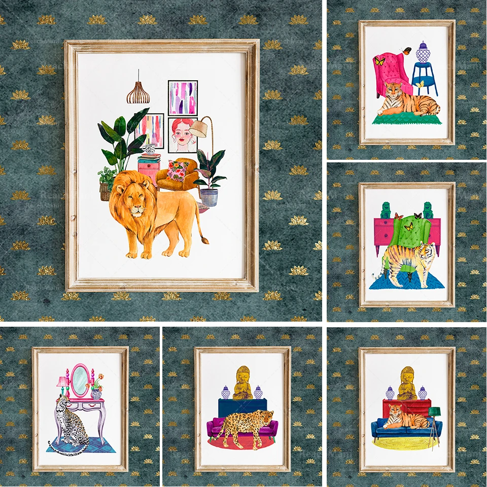 

Animals in the living room, urban jungle, whimsical art, chic Chinese style, decoration, blue and white ginger pot, printable mu