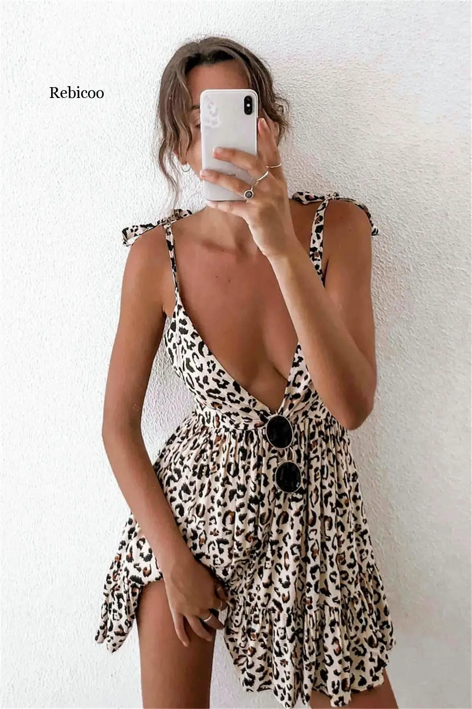 Styl boho kobiety lato linia sukienka wzór bandaż Sling bez rękawów, dekolt w serek Backless Leopard kwiat wydruku Slim Mini sukienka