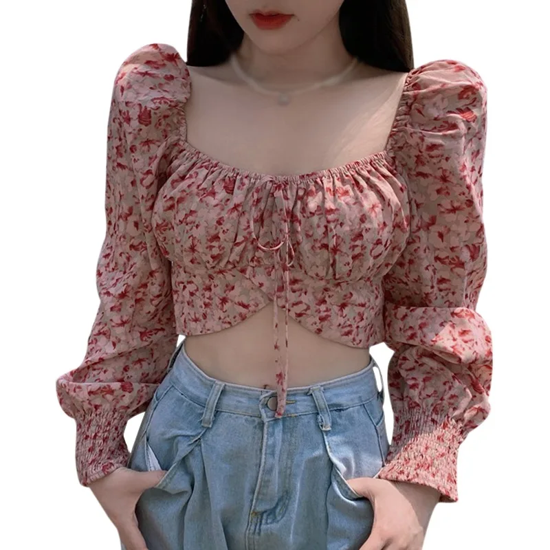 

Women's Floral Print Square Collar Blouse Sexy Exposed Navel Long Sleeves Chiffon Shirt Tops