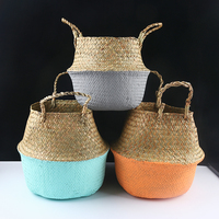 Foldable Handmade Bamboo Storage Baskets Laundry Straw Patchwork Wicker Rattan Seagrass Belly Garden Flower Pot Planter Basket