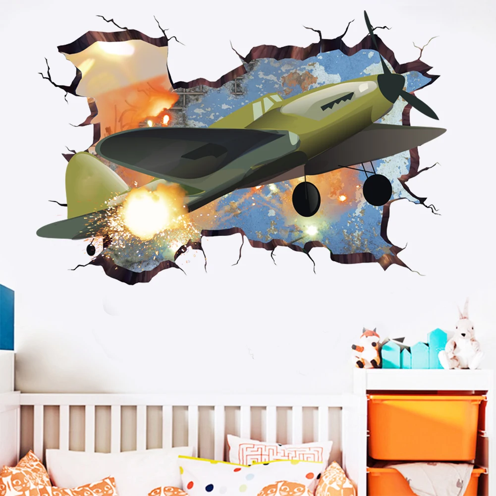 6 styles 3D broken wall airplane creative home wall stickers chariot decoration stickers for kids bedroom