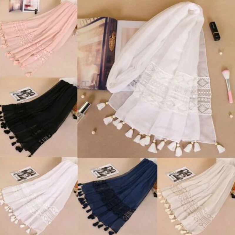 Fashion Female Women Tassel Shawls Scarves Autumn Women Silk Flower Lace Scarf