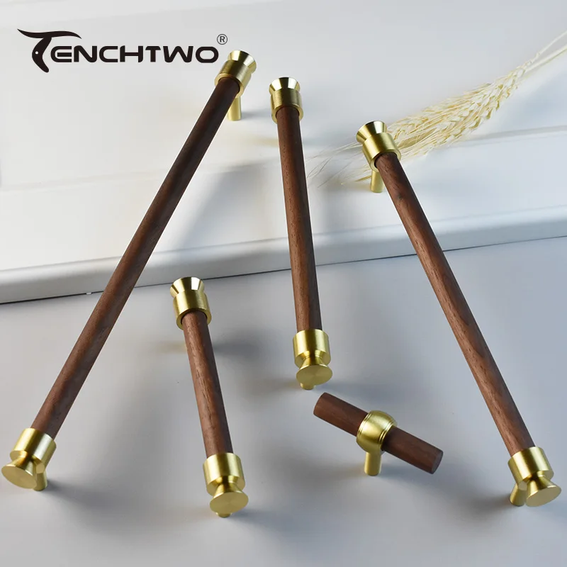 Long Black Walnut Wooden Kitchen Furniture Handles Modern Wardrobe Drawer Door Knobs Cabinet Pulls T-Bar Cupboard Wood Handle