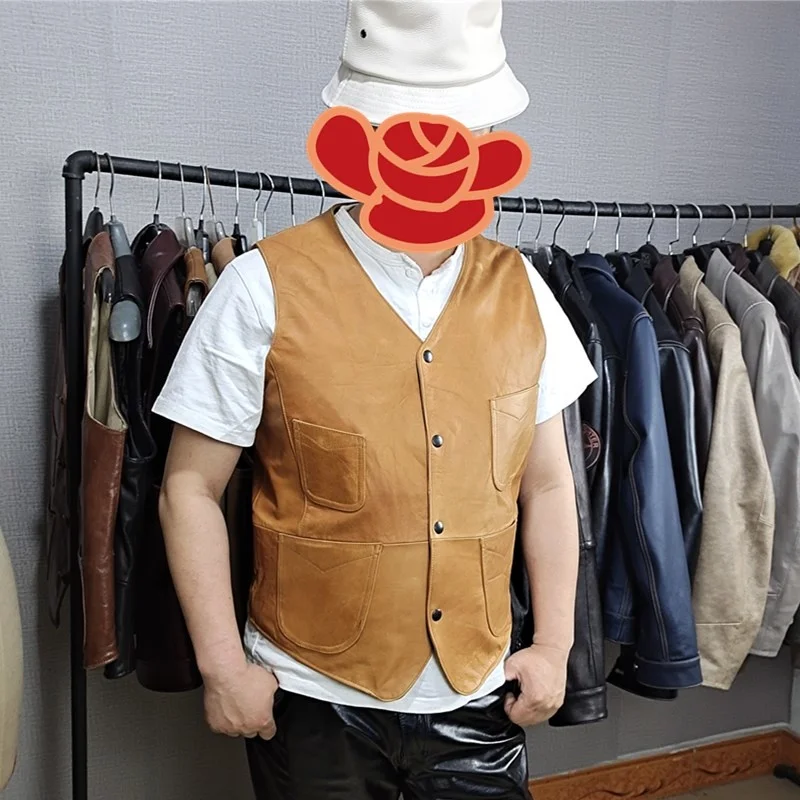 

Vintage Japanese Men's Genuine Leather Vest 100% Cowhide Casual Waistcoat Motorcycle Biker Sleeveless Real Leather Jacket