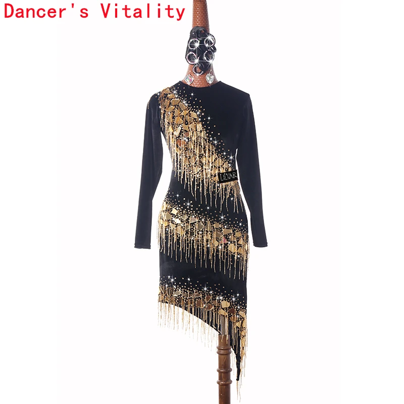 Latin Dance Competition Clothing  Long-sleeve Halter Gold Glitter Dress Women Custom Professional Performance Dance Clothes