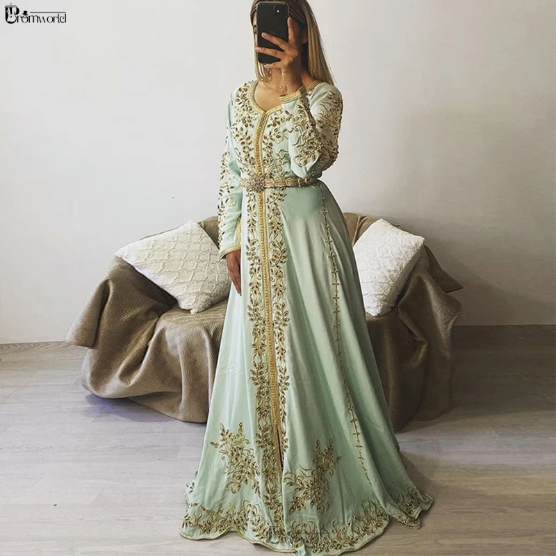 Promworld Mint Long Sleeve Evening Dresses with Embroidery A-Line Oriental Satin Caftan Marocain Formal Dress elbise abiye Gown