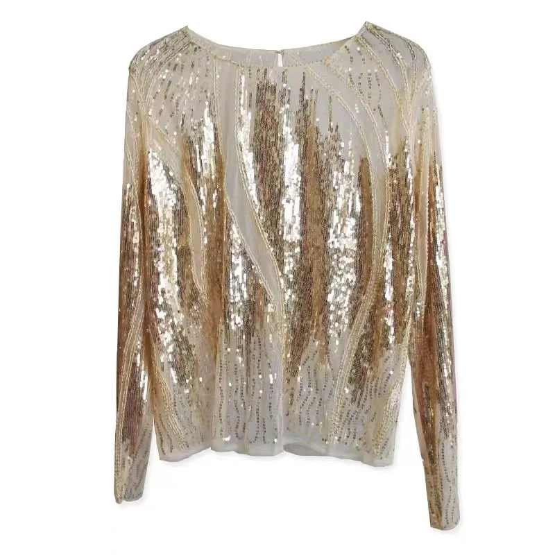 여성용 긴팔 자수 스팽글 비즈 블라우스, 쉬어 레이스 메쉬 블라우스, 섹시한 바디 탑, 여성 셔츠, 여름