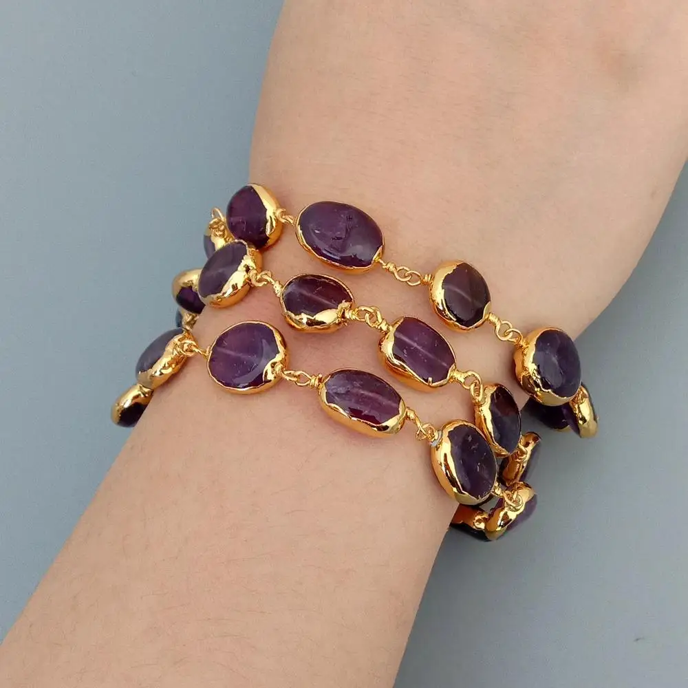 YYGEM 3 Strands Natural Amethyst Oval Pave With Electroplated Edge Wrap Bracelet 8