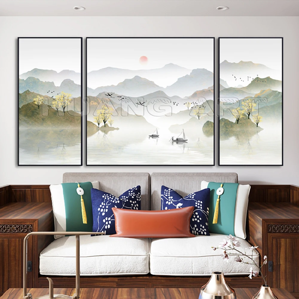 Pure Hand-Painted Chinese Style Mountain and Lake Ink Landscape Painting on Canvas for Decor Group Gold Landscapes Oil Paintings