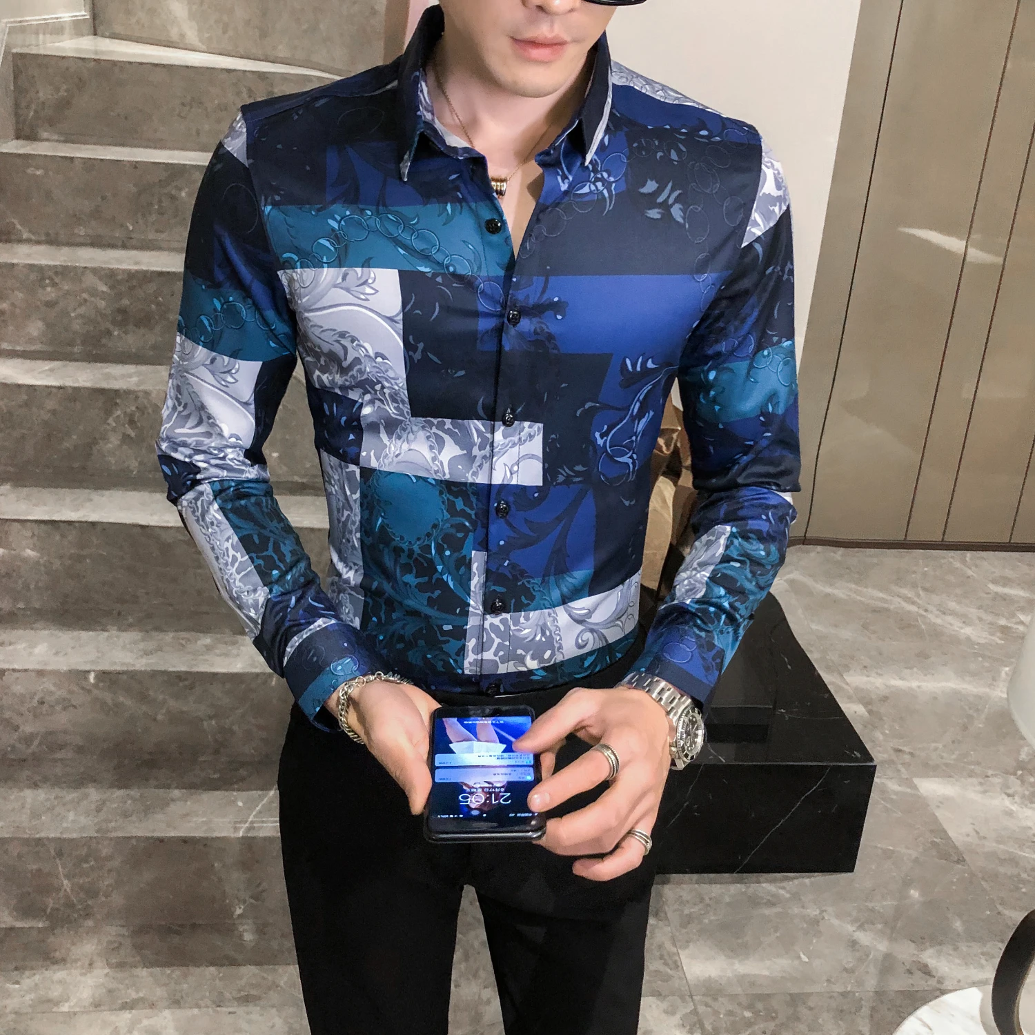 

Mens Lattice Printing Business Shirts Long Sleeve Casual Slim Fit Shirts Men Dress Clothes Night Club Streetwear Blusa Homme