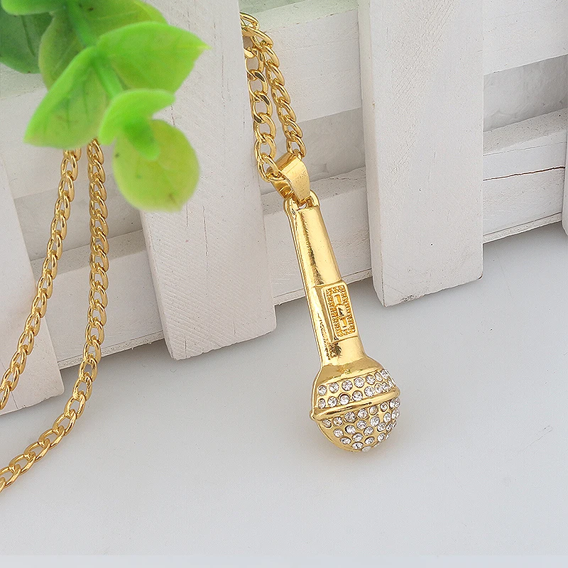 SG HIP Hop Gold Color Ice Out Bling Music Stereoscopic Microphone Pendants Necklaces For Men Women Jewelry