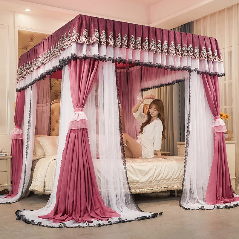 2022 New Four-post Guide Rail Floor-to-ceiling Double-layer Shading Curtain Mosquito Net 1.5m1.8m2m Bed Household Mosquito Net