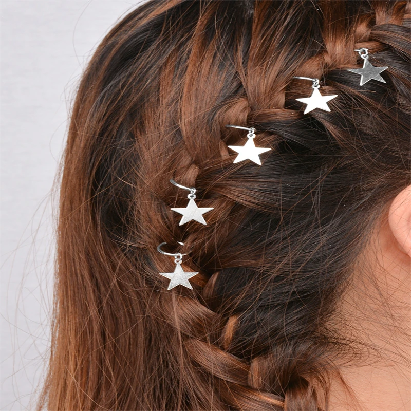 5/10 Pcs Fashion Dirty Braid Decorations Star Leave Shell Circle Cross Silver Golden Accessories Headwear Pendant Hair Ring Tube