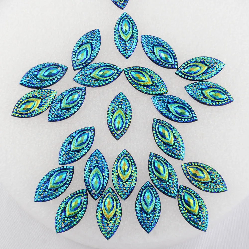 BOLIAO 20Pcs 11*22 mm(0.43*0.87 in) AB Color Horse eye Shape Blue Resin Rhinestone Flatback Sew On Clothes/Handmade Art Work