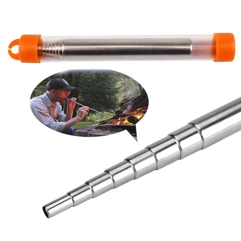 Retractable Blow Fire Tube Collapsible Stainless Steel Campfire Tool Pocket Bellow Builds Fire for Outdoor Survival Camping