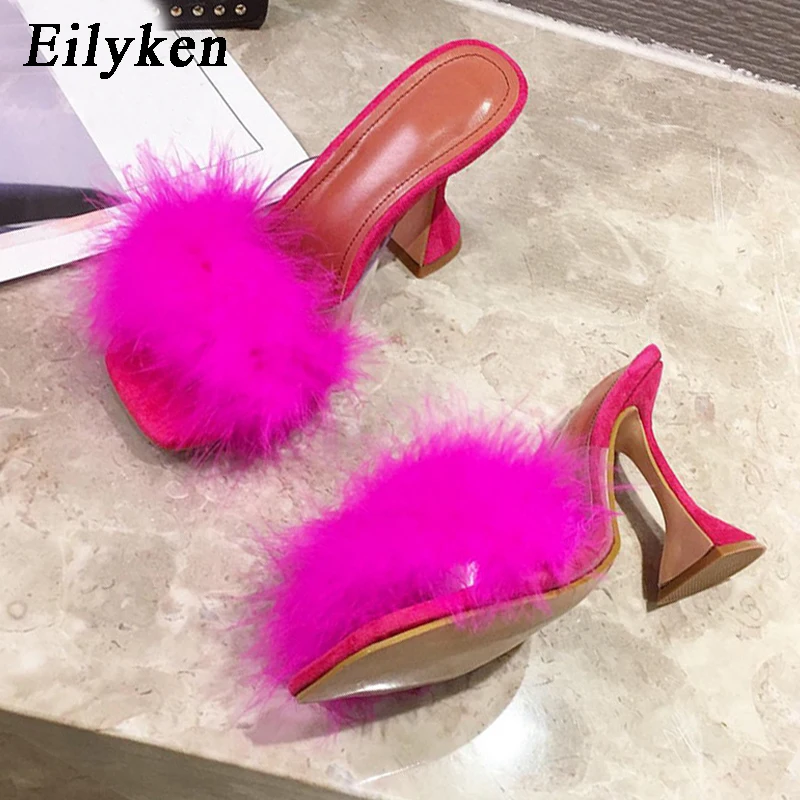 Eilyken Feder High Heels Pelz Hausschuhe Sandalen Frauen Square Toe Panto letten Lady Pumps Folien Größe 35-41