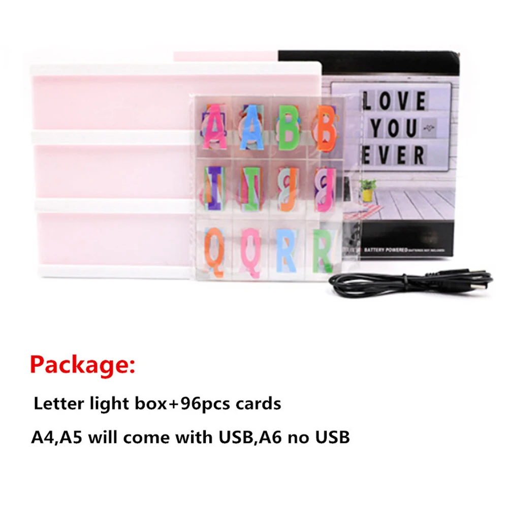 Panneau lumineux LED USB AA à piles, boîte à lumière de cinéma avec cartes lettres colorées A4 A5, bricolage