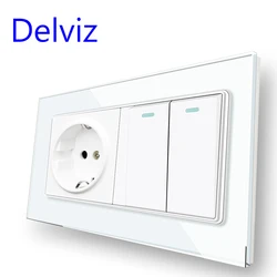 Delviz 16A Wall Light Switch,2 Gang 2Way / 1Way push button on-off, White Tempered Crystal Glass Panel, EU Standard Power Socket