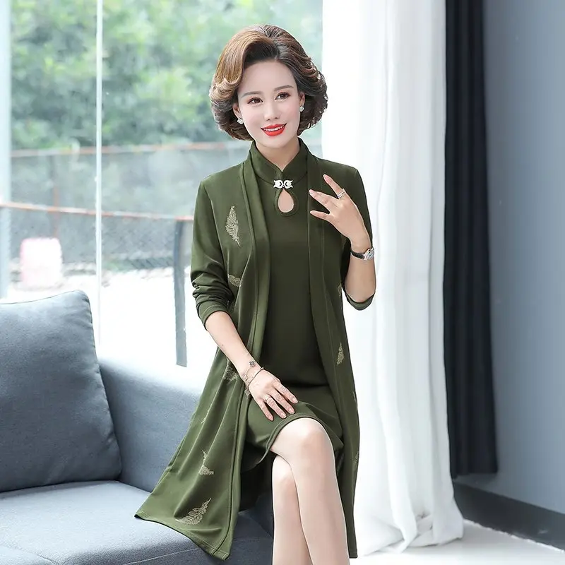 Oriental Style Women Two Pieces Dresses leaves Knee Length Cardiagn and Sleevless Elegant Dress Woman Spring /autumn