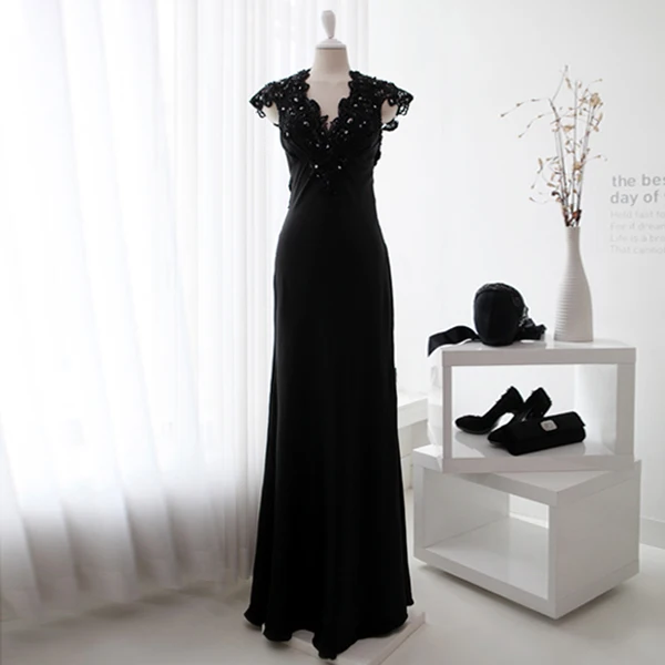 

black lace long cap sleeve new design sexy beading long prom gown vestido de festa longo robe de soiree 2025 bridesmaid dresses