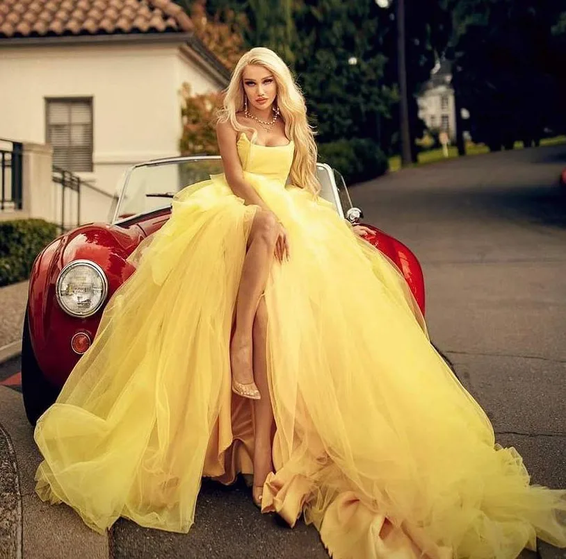 

Puffy Yellow Evening Party Dress 2025 Vestido Longo Long Strapless High Split Tulle Prom Formal Gown Robe De Soiree