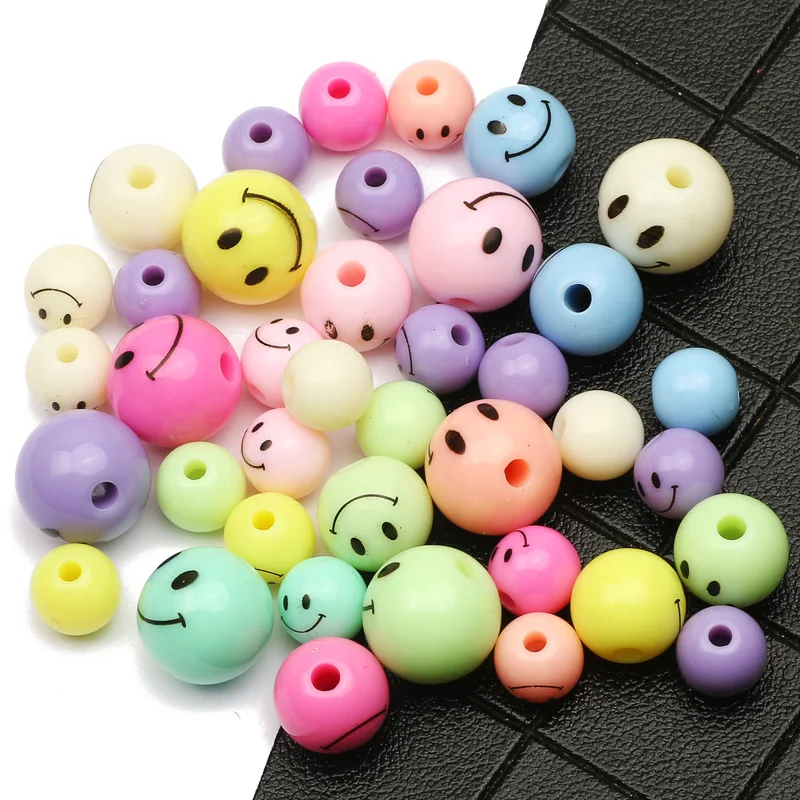 8/10/12mm Mixed Candy Color Acrylic Beads Smiling Acrylic Round Balls Spacer Beads For Bracelet Jewelry Making Diy Accessories