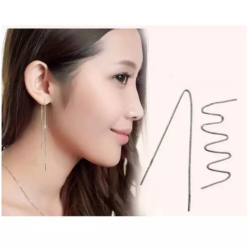 925 Sterling Silver Panjang Rumbai Anting-Anting 9Cm-18Cm Rantai Kawat Telinga Anting-Anting untuk Wanita Boucle D'oreille Oorbellen s-E76