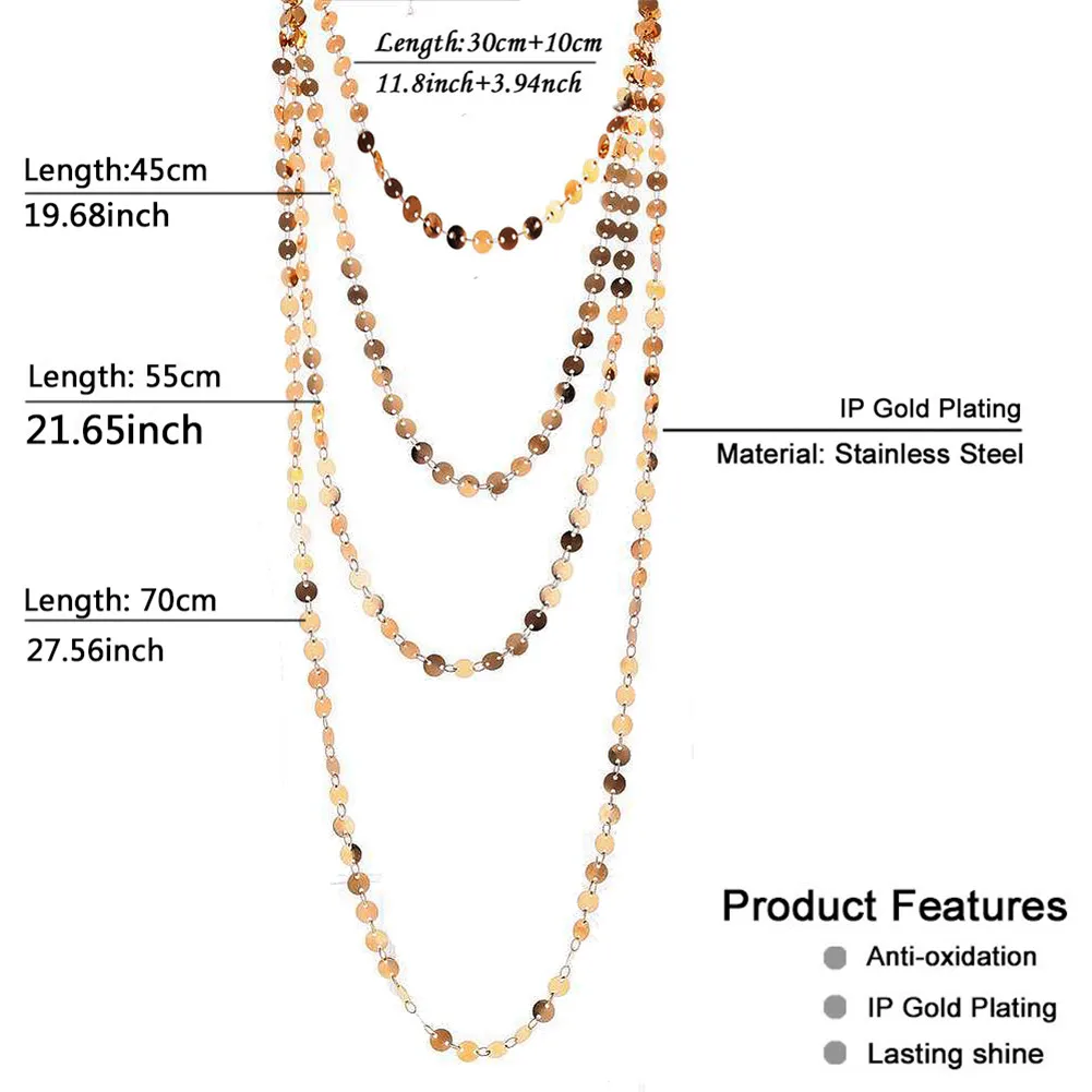 MinaMaMa Multilayers Stainless Steel Coin Disc Chain Sequins Choker Necklace For Woman 4 Layer Chain Necklace New Jewelry