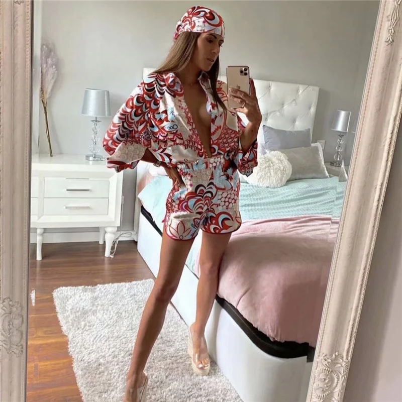 PUWD Elegant Woman Red Print Shirt Suits 2021 Spring Fashion Ladies Indie Folk Suits Ladies Vinatge Vocation Beach Two Piece Set