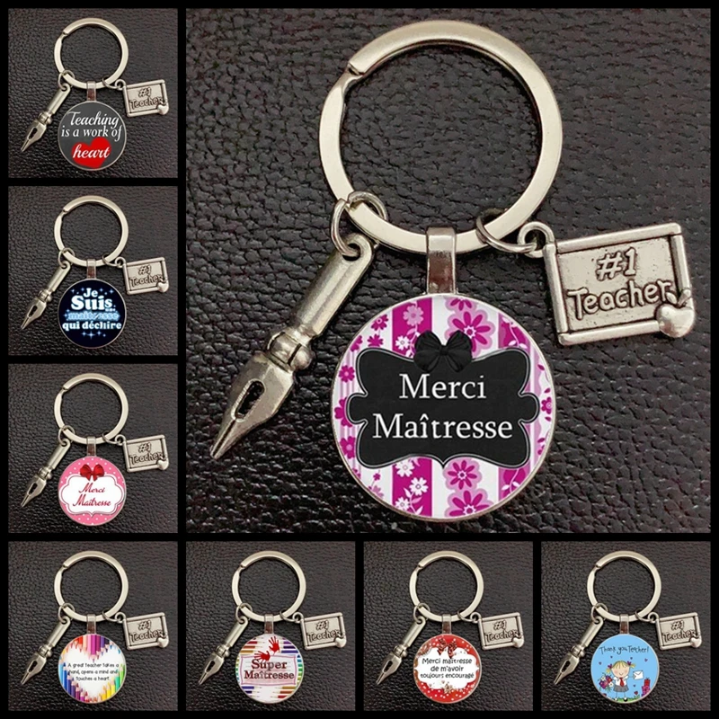 Teacher keychain glass pattern letters thank you teacher key ring teacher's day gift time gem glass keychain holder