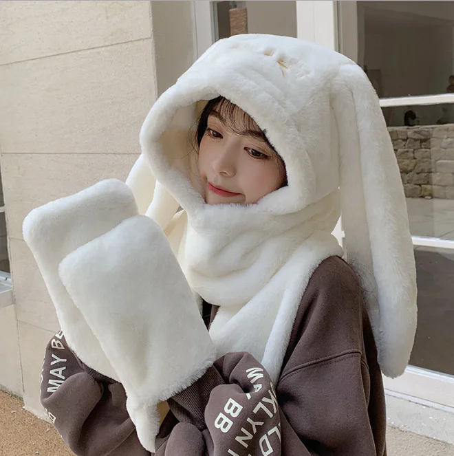 Rabbit Big Ears Plush Cross Border Cycling Lovely Hat Female Cold Hat Autumn Winter Scarf Gloves One Girl Hat Student Khaki