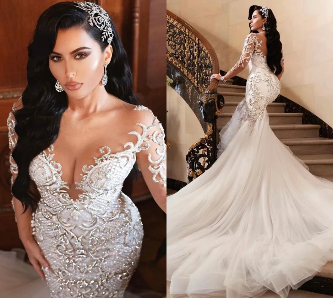 Luxurious Sexy Arabic Wedding Dresses Mermaid Beading Lace Embroidery Bridal Gown Sheer Neck Customed Vestidos De Noiva