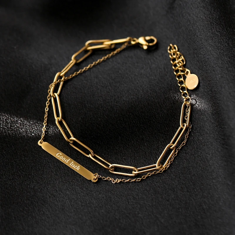 YUN RUO Yellow Gold Color Double Chain Good Luck Bracelet Woman Birthday Gift Fashion 316 L Titainum Steel Jewelry Never Fade