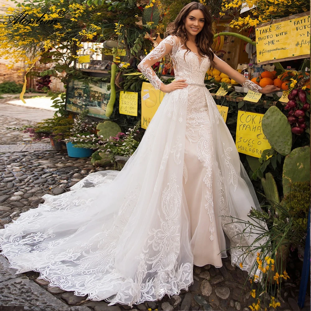 Alonlivn Customize Made Charming Appliques Sweetheart 2 In 1 Wedding Dresses With Removable Train Full Sleeves Bridal Gowns