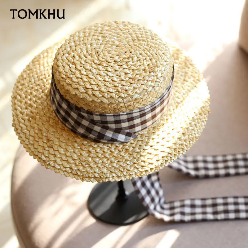 

Fine Wheat Straw Boater Hat Women Plaid Ribbon Wide Brimmed Sun Hats Elegant Flat Panama Beach Ladies New Summer Chapeu Feminino