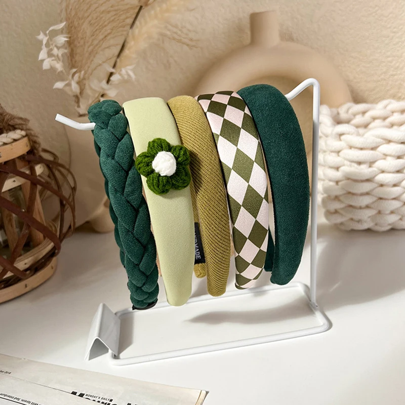 New Fresh Green Headbands Green Series Plush Hair Hoop Solid COlor Plaid Wool Headband For Women Broad-brimmed Sponge Head Hoop